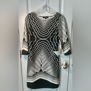 Nine West Black & White Scuba-Style Dress NWT Geometric Print, ¾ Sleeves. Sz 4